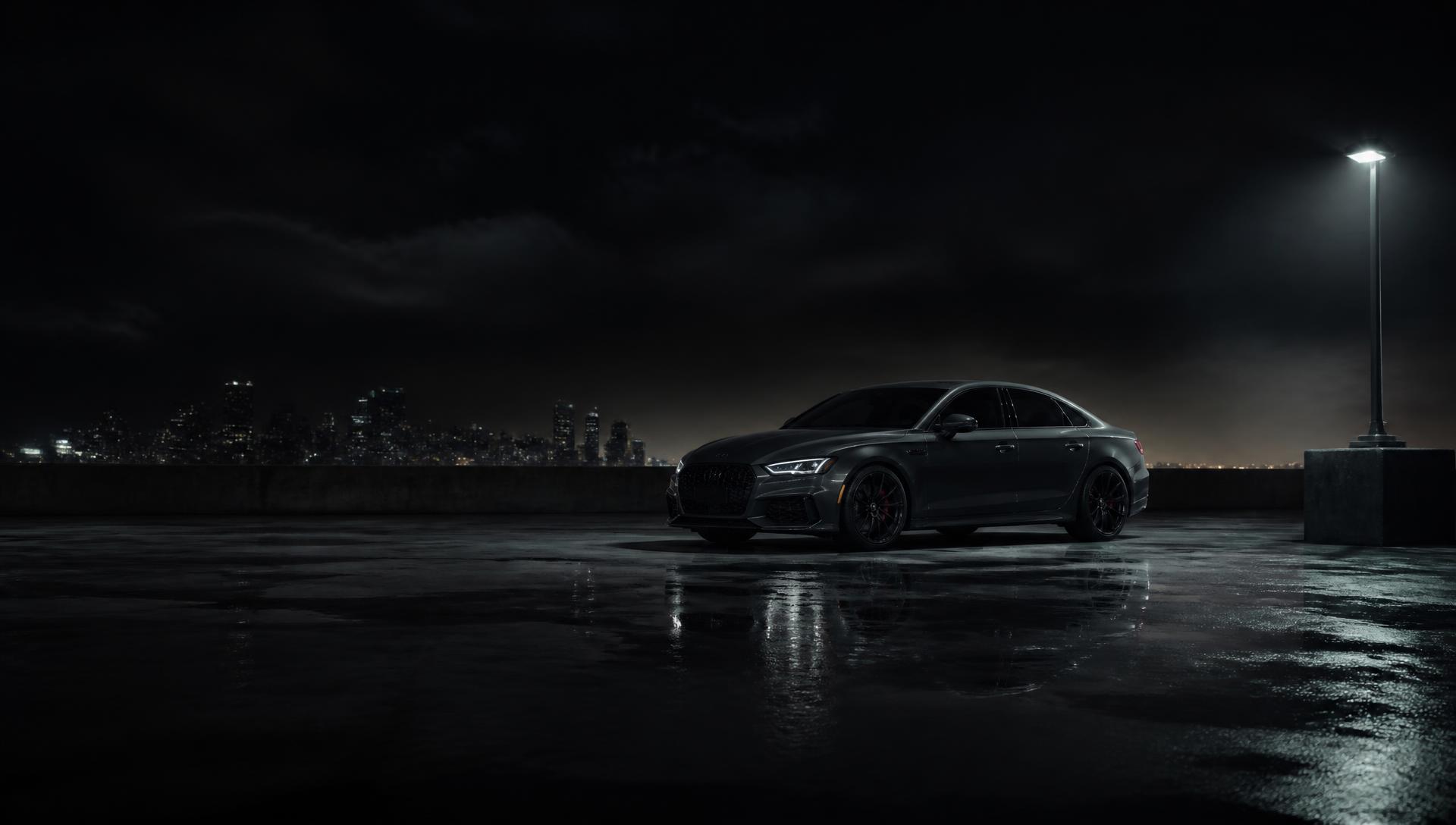 Dark graphite sedan parked on a rooftop at night